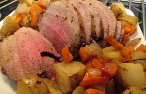 Medium Rare Eye of Round Beef with potatoes, onions and carrots